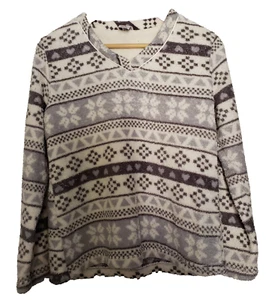 Fleece Pullover Sweater Women's M Snowflake Geometric Ivory Gray Nordic Print - Picture 1 of 4