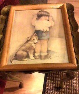 Gerahmter und signierter Druck / Gemälde - Der kleine Junge mit seinem Hund - Bild 1 von 6