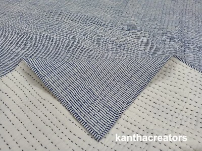 Indian Handmade Cotton Kantha quilt Blue Stripes Vintage Throw  Bedding coverlet - Image 1 of 4