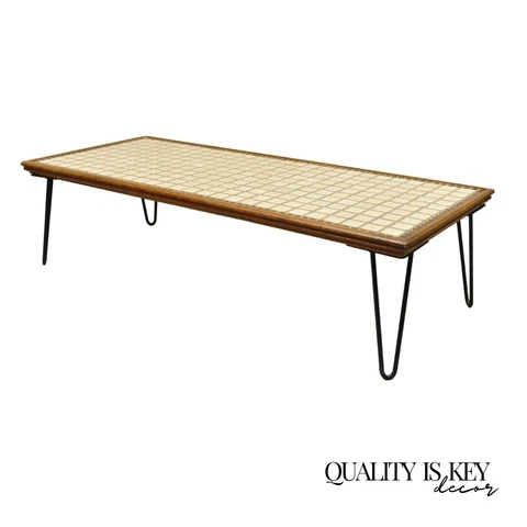 Vintage Mid Century Modern Beige Tile Top 51" Coffee Table w/ Iron Hairpin Legs Cover