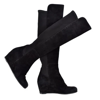 Botas Stuart Weitzman negras 5050 gamuza tacón de cuña sobre la rodilla talla 5,5 como están Foto 1 de 4