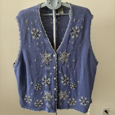 VTG White Stag Periwinkle Sweater Vest Embroidered Beaded Snowflakes Sz 26W /28W - Image 1 of 4