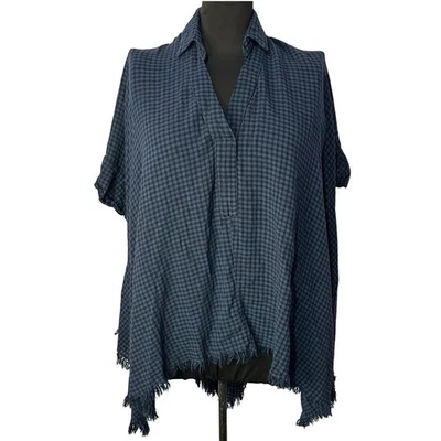 Blusa túnica con dobladillo deshilachado a cuadros de guinga de gran tamaño azul negro boho chic talla L Foto 1 de 4