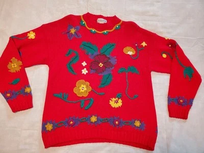 Suéter Grande De Colección Peck & Peck Tejido Crochet Floral Flor Rojo Grandmacore para Mujer Foto 1 de 4
