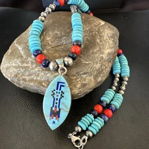 Multicolor Turquoise Coral Navajo Sterling Silver Inlay Pendant Necklace 19645 - Picture 1 of 14