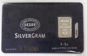 IGR 2.5 GRAMS 999 FINE SILVER BAR IN COA ORIGINAL CARD ASSAY COA GOLD REVERSE - Picture 1 of 2