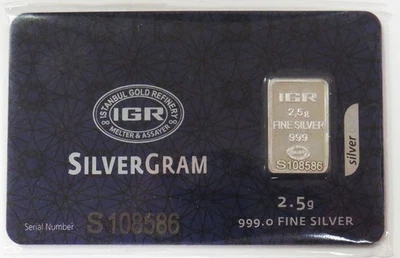 IGR 2.5 GRAMS 999 FINE SILVER BAR IN COA ORIGINAL CARD ASSAY COA GOLD REVERSE - Image 1 of 2