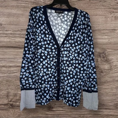 Jones New York Collection 长袖海军蓝花卉开衫毛衣圆点 XL — 第 1/4 张图片