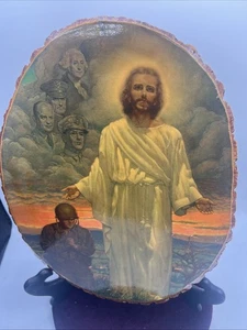 Vintage Rustic Live Wooden Bark-Edge Slab Wood Photo Jesus Soldier War Wall - Picture 1 of 9