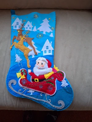 Felt Christmas Stocking Design Father Christmas & Reindeers New 16" long - Image 1 of 2