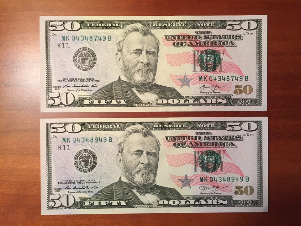 Dallas K11 (3) 2013 raro $50 par de números de serie coincidentes Fr 2132-K = gema sin circular = Foto 1 de 4
