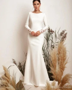 Simple Mermaid Wedding Dresses O-Neck Long Sleeves Satin Appliques Bridal Gowns - Picture 1 of 7