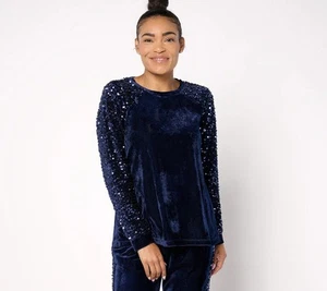 LOGO Lavish by Lori Goldstein Sz S Long Sleeve Velvet & Sequin Top BLUE A667539 - Picture 1 of 1