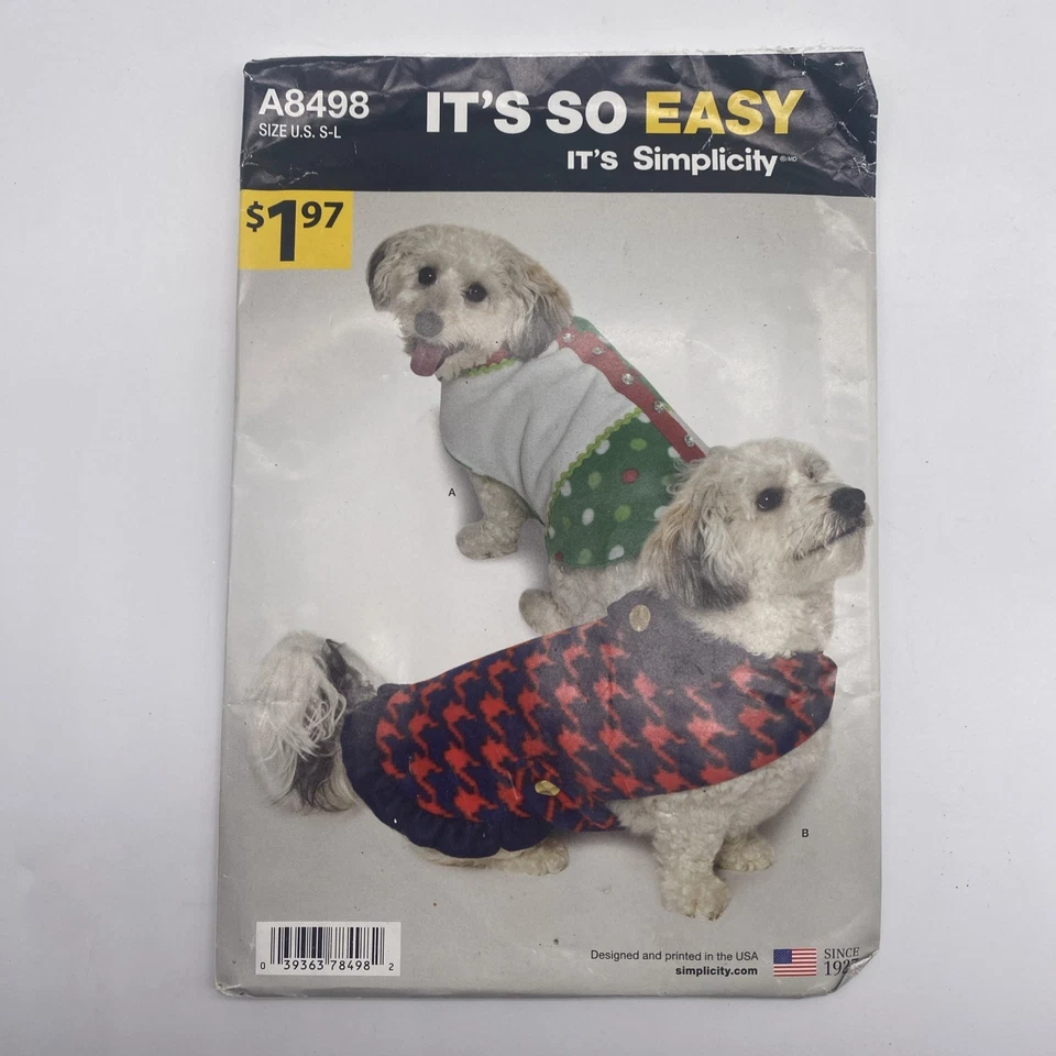 Simplicity Sewing Pattern A8498 Dog Clothes Size S M L Uncut - Image 1 of 4