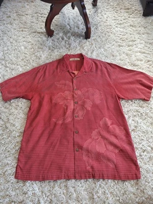 Camisa Tommy Bahama Para Hombres L Rayas Rojas Tropical Hawaiana Campamento al Aire Libre 100% Seda Foto 1 de 4