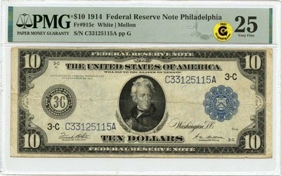 1914 $10 Federal Reserve Note Philadelphia PA PMG VF25 GCC Gold - Image 1 of 2