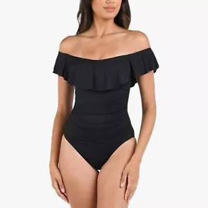 New La Blanca Island Goddess Off Shoulder Black Swimsuit Size 8 Retail $130 - Picture 1 of 5