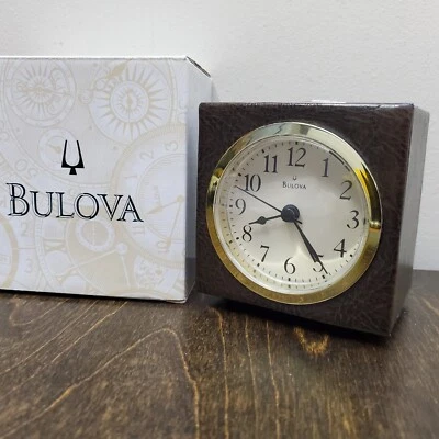 Bulova Lockport Alarm Clock Quartz Snooze Lighted Square Cube Grainy Leather - Image 1 of 4