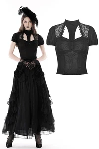 DARK IN LOVE Black Gothi Steampunk Lace Pattern Puff Sleeve Top Women T-Shirt - Bild 1 von 17