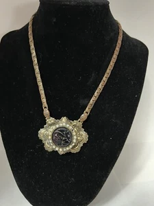 VNTG 1940’s KARU FIFTH AVENUE VICTORIAN CARVED FLORAL BLACK ONYX BRASS NECKLACE - Picture 1 of 10