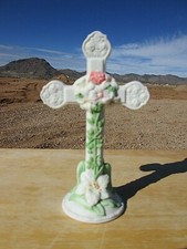 Roman Inc, 1996 Bisque Porcelain White Cross with Pink Flowers, Ivy Vines