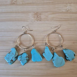 Turquoise Dangle Hoop Earrings Gold Tone Boho Statement Fashion Jewelry Pair - Picture 1 of 6