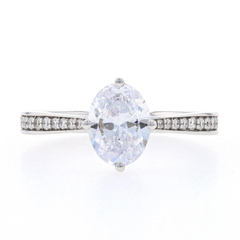 Oro Bianco Orecchini Hidden Halo Anello di Fidanzamento - 14k per 8x6mm Ovale Cz - Immagine 1 di 4