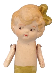 Girl Doll All Bisque Flapper Blonde Hair Green Shorts Hair Ribbon Japan 4in #40 - Picture 1 of 9