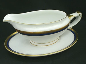 Gravy Boat Attached Underplate Heinrich HC945 Encrusted Gold Blue Bands 10" EUC - Picture 1 of 4