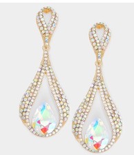 3" BiG Long Crystal Gold Ab Clear Rhinestone Earrings Dangle Chandelier Clip On
