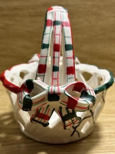 Ceramic woven 4" basket cutouts side bows small with handle red green paint flaw - Picture 1 of 9