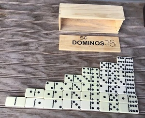 Vintage Bakelite 28-Pc Set Dominoes With Metal Brass Spinner, Pin Wood Box W/Lid - Picture 1 of 13