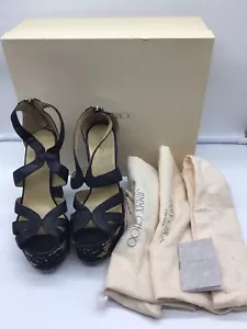 Jimmy Choo Black Leather Wedge Lace Sandal - Picture 1 of 10