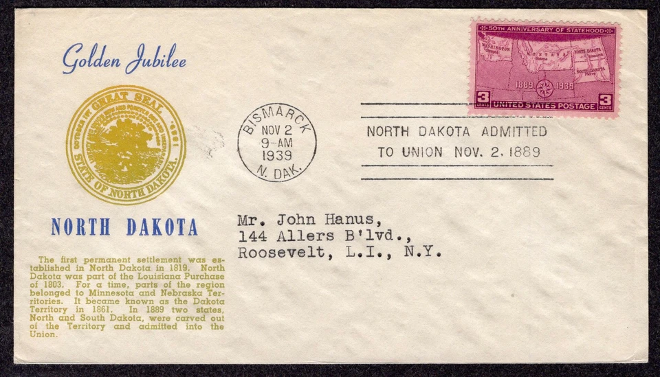 1939 North Dakota Statehood 50th  (Scott 858) - Grandy FDC TD750 - Image 1 of 1