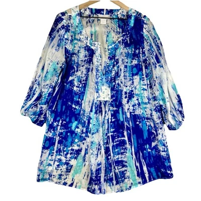 Soft Surroundings Top Women Large Blue Abstract Silk V-Neck Beaded 3/4 Sleeve - Image 1 of 4