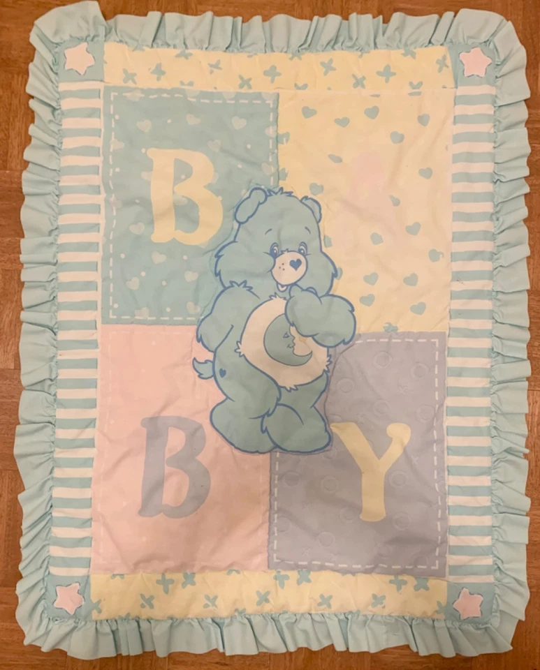 Manta de bebé vintage rara cuidado osos pastel con volantes cuna Foto 1 de 4