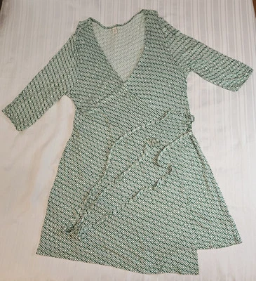 Antiguo Vestido Envolvente Azul Marino - Tejido Jersey Rayón Estampado Verde Blanco - Talla XXL 2XL Foto 1 de 4