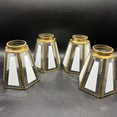 4 VTG Hexagonal 6 Sided Beveled Frosted Glass Brass Pendant Shades 2 1/8" fitter - Image 1 of 4