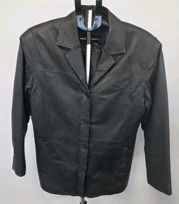 Chaqueta de cuero negra vintage Y2K de KC Collections forro completo para mujer talla pequeña Foto 1 de 4