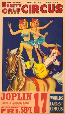 CLYDE BEATTY AND COLE BROS. CIRCUS POSTER, JOPLIN, MISSOURI - Image 1 of 2