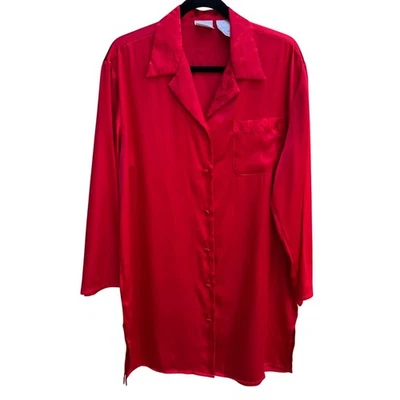 Secret Treasures Ladies Red Satin Button-Up Lightweight Sleepwear Shirt M - Image 1 of 4