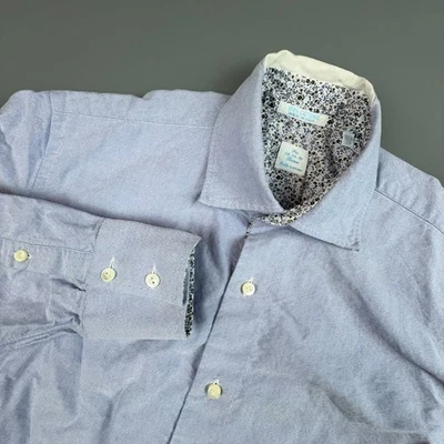 意大利衬衫男式 15.5 39 蓝色花卉裆部纽扣棉办公室手工制作 — 第 1/4 张图片