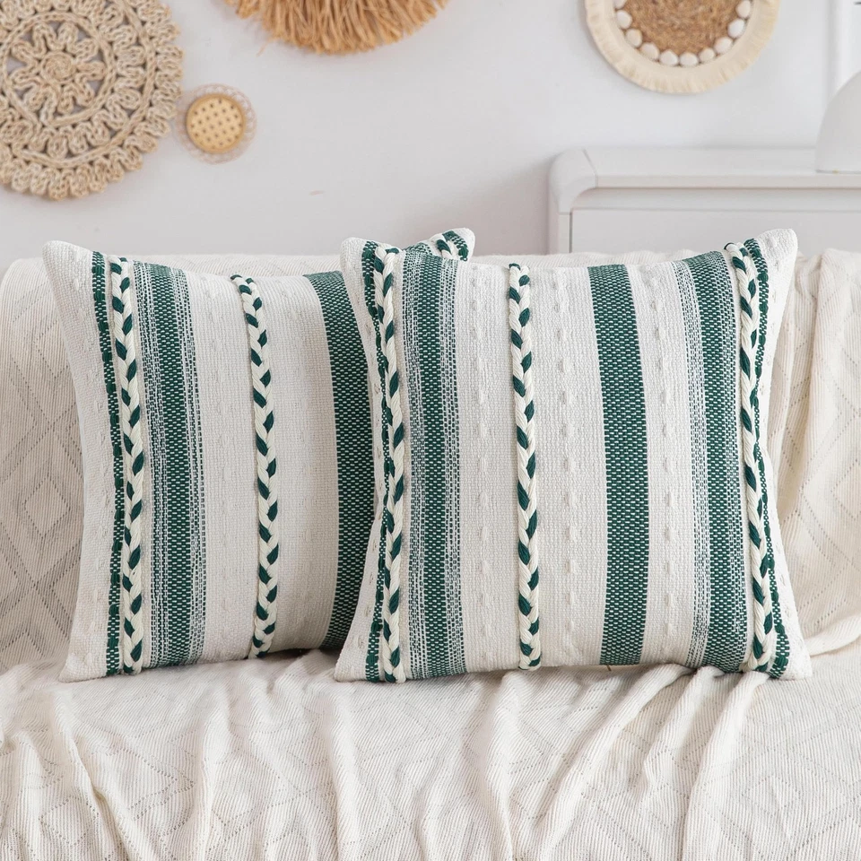 Boho Sage Green Striped Pillow Covers Set of 2-20x20 Inch Farmhouse Coastal D... - Image 1 of 4