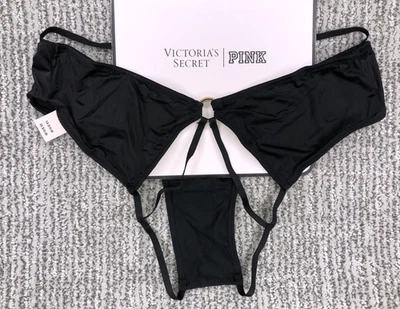 Victoria's Secret Nuevo con Etiquetas Mediano Negro Anillo Herrajes Espalda Abierta Tirantes Cheeky Panty Foto 1 de 4