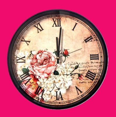 Reloj de Pared de Cuarzo, De Colección Patrón Rosa y Floral ~ Marco de Borde de Metal de 14" ~ Cubierta de Vidrio Foto 1 de 4