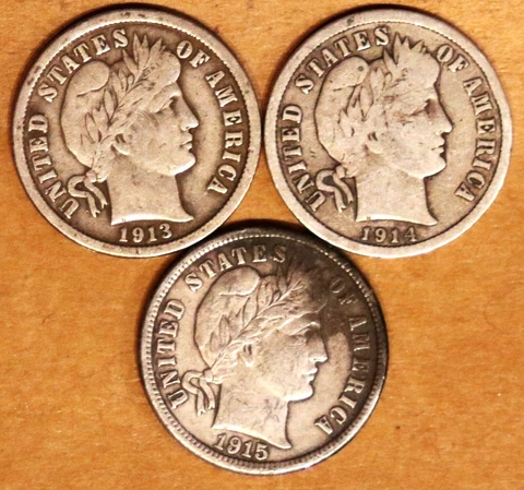 (3) Barber Dimes - 1913(VF) 1914D(VG/Fine) 1915(VF) - #2041B - FREE SHIPPING Cover