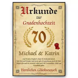 Personalisierte Urkunde zum 70. Hochzeitstag Geschenk Gnadenhochzeit Karte 70. J - Bild 1 von 9
