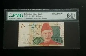 2007 Pakistan State Bank 20 Rupees P#46cs "SPECIMEN" PMG 64 EPQ CHOICE UNC N318 - Picture 1 of 2