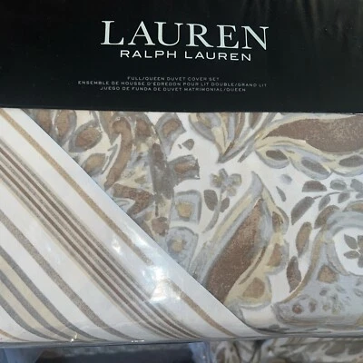 Lauren Ralph Lauren Queen Duvet Cover + 2 Standard Shams Naomi Tan Cotton New - Image 1 of 4