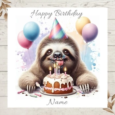 PAIGE BECKETT’S AI CREATIONS Personalised Sloth Eating Birthday Cake Greeting Card any name/relation